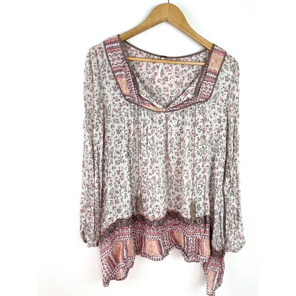 Free People Dream Lover Tunic Boho Peasant Tassel Long Sleeve Blouse with Floral - Picture 5 of 16